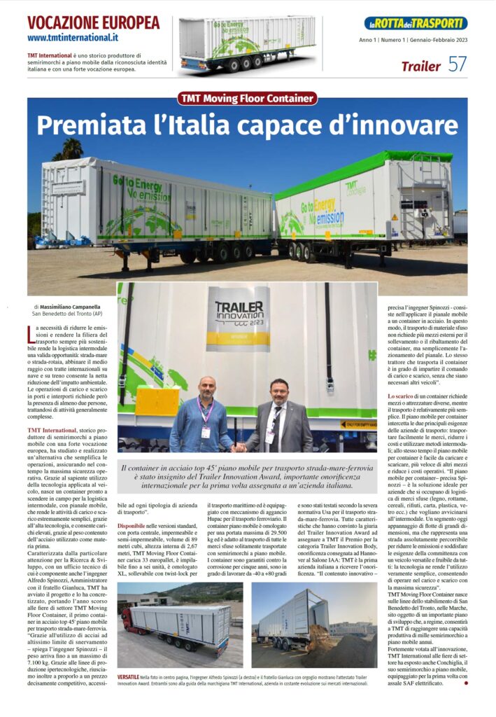 Il premio Trailer Innovation Award 2023 assegnato al Container Moving Floor per trasporto intermodale